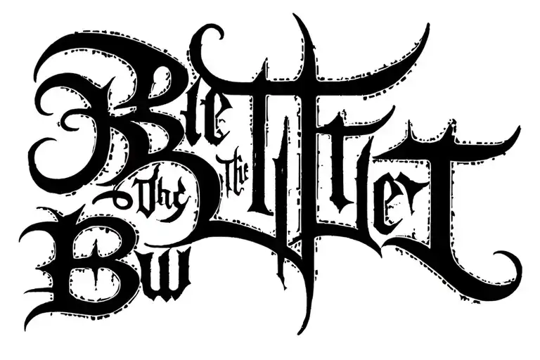 "Bite The Bullet" dark gothic lettering tattoo, blackwork script fused with abstract sigils,dotwork, aggressive contrast tattoo design idea