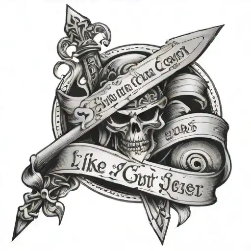 Sword with a banner and the quote "like a court jester my smile wont fade" tattoo design idea