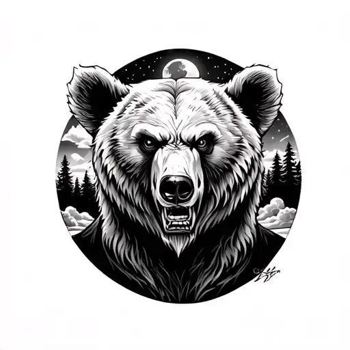 Tattoo bear of an evil realistic male on the shoulder, against the background of the night sky, the moon, forests, clouds tattoo design idea