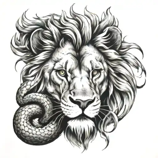 A lion head with a snake wrapped around it, symbolizing strength and transformation tattoo design idea
