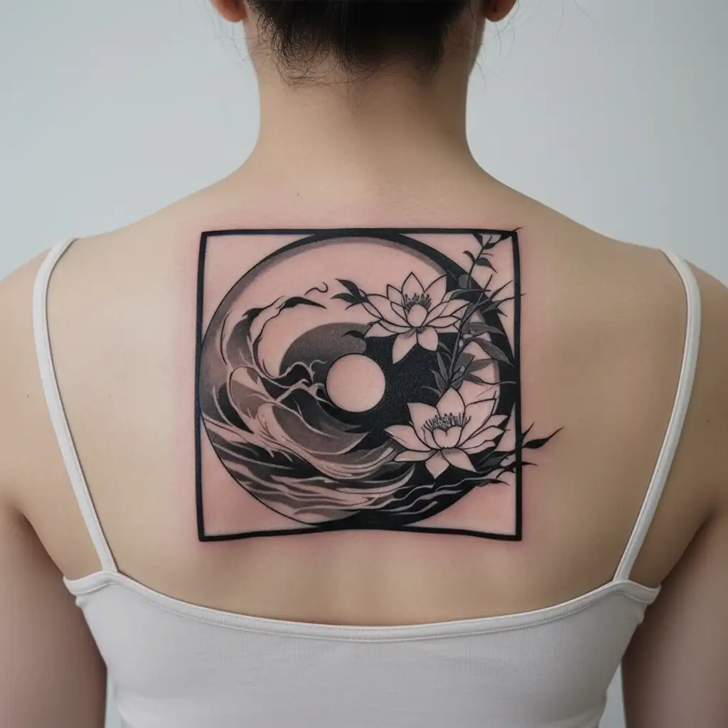 Zen tattoo medium size upper arm. Enso circle with zen flow. Lotus and or lilies with bamboo emerging from flow. And kan tattoo design idea