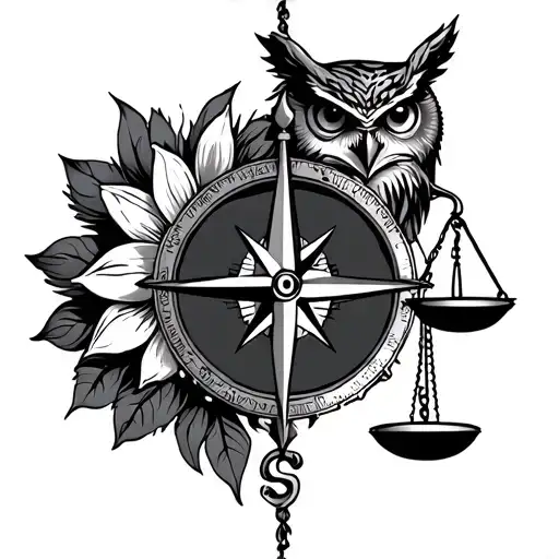 compass with owl on north, lion head on south, justice scale on west and lotus flower in east tattoo design idea