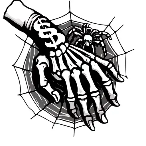 make a skeleton hand with a spider with a dollar sign on it and spider webs going through for a hand tattoo design tattoo design idea