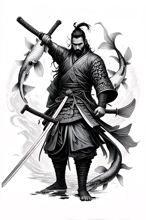 Ronin warrior holding a katana surrounded by koi fish tattoo design idea