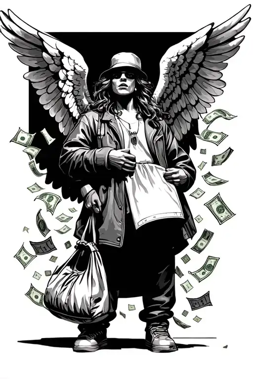 angel gangster and a bag and money falling tattoo design idea