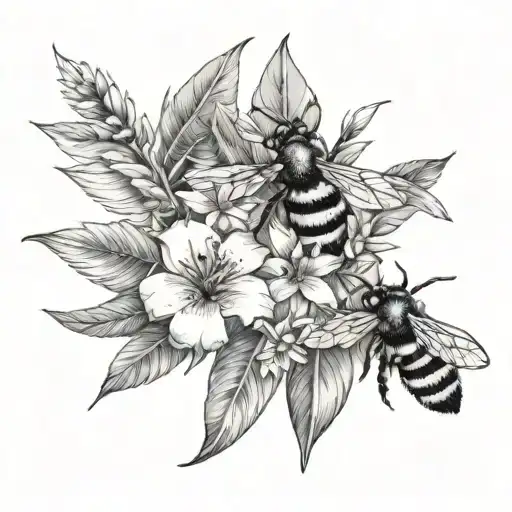 tropical leaves, flowers and a bee tattoo design idea