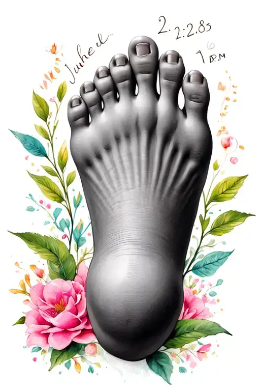 I want a tattoo of my daughters foot born on June 22, 2025 at 1:38 PM. She was 7lbs 5.1oz and 20.25 inches. tattoo design idea