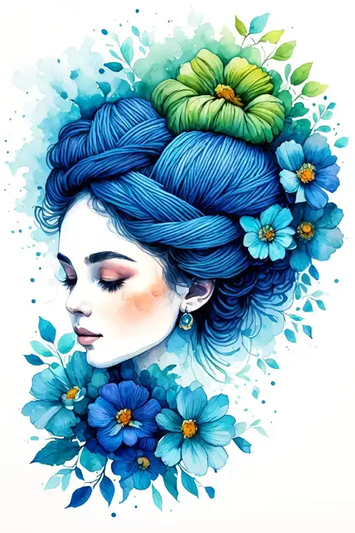 side profile of female face with yarn exploding from top of head. surrounded by flowers, predominantly blue and green. tattoo design idea