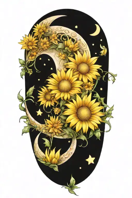 crescent moon made out of daisy flowers tattoo design idea