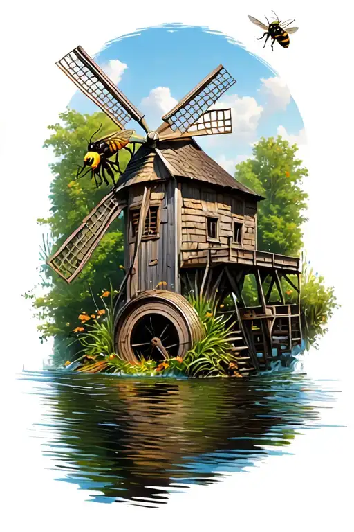 Bee flying around a watermill tattoo design idea