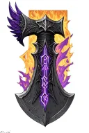 dwarven wing bladed axe made with black steel with purple enchanted letters across the blades  tattoo design idea