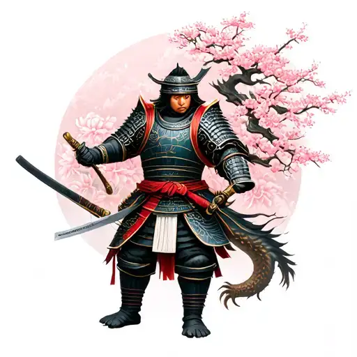 Japanese cherry tree, samurai wearing armor and holding a katana a Japanese dragon, tattoo design idea