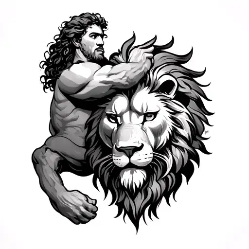 Renaissance style Hercules headlock nemas lion tattoo design idea