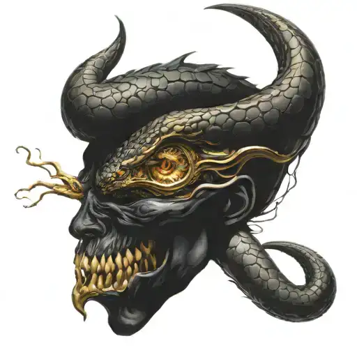 black ouroboros with a shiny golden brain inside his head and shadows tattoo design idea