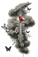 cross with clouds, sun rays, a cardinal below the cross and butterflies within the clouds tattoo design idea