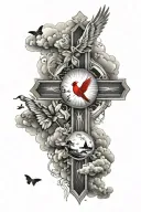 cross with clouds, sun rays, a cardinal below the cross and butterflies within the clouds tattoo design idea