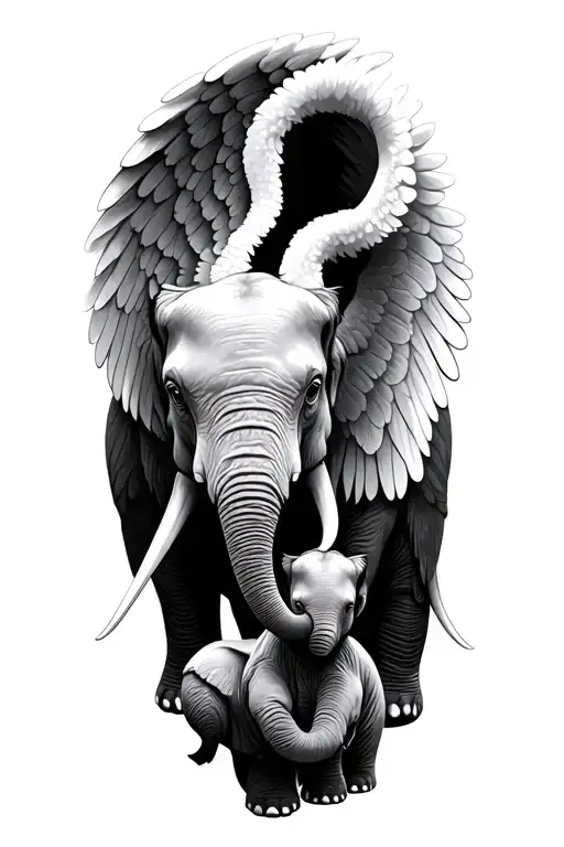 2 adult elephants and baby angel wing tattoo design idea