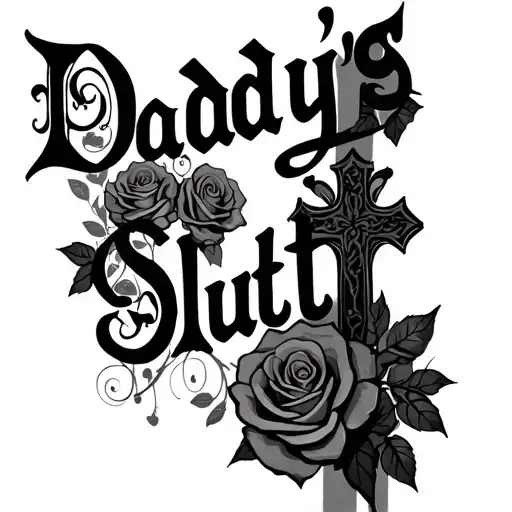 the text "Daddy's Slut" in a gothic font, surrounded by roses and a large cross tattoo design idea