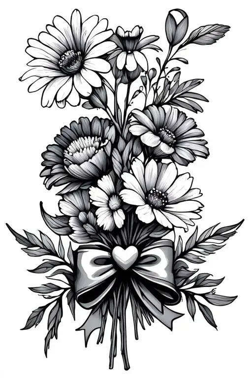february, march, june, august, november and december birth flowers in a bouquet with a heart bow tied together fine line tattoo design idea