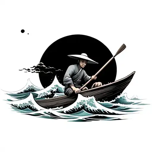 japanese waves crashing in the background, japanese man on wooden boat rowing the paddles wearing hat hat tattoo design idea