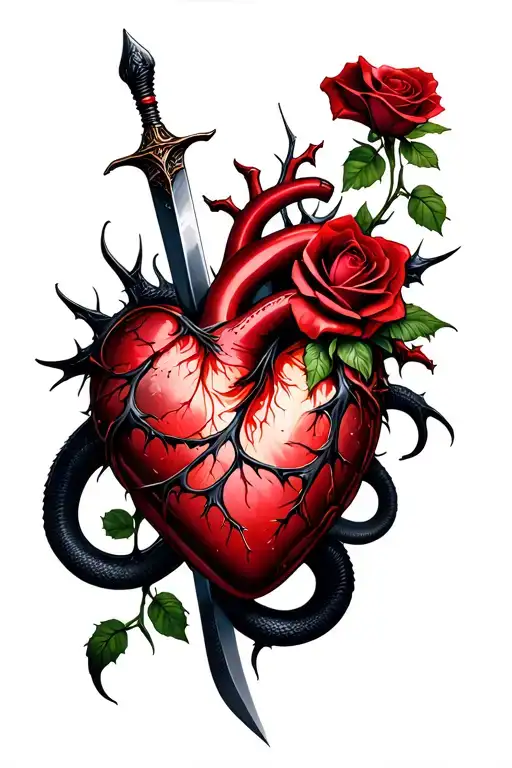 heart ensnared by black rose with thorns. Dagger piercing both. serpent grasping from blade to handle by heart tattoo design idea