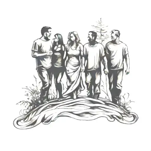 Family silhouette of five people, three men and two women tattoo design idea