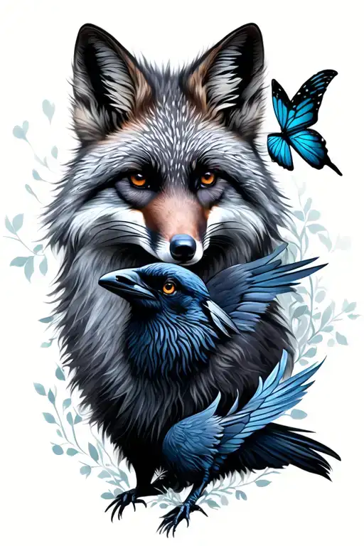 silver fox, with raven watching fox, butterfly tattoo design idea