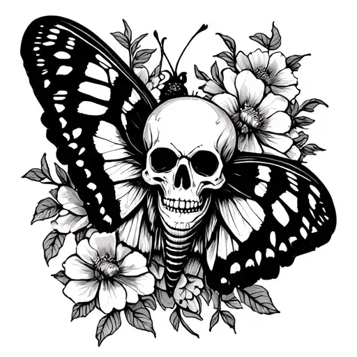 moth with skull and flowers tattoo design idea