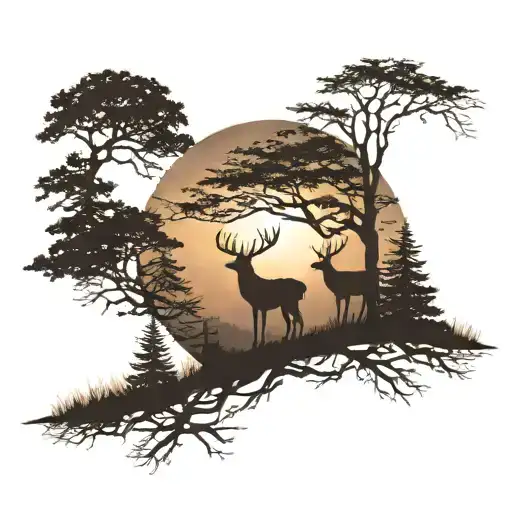 A realistic tattoo of a sun setting behind a silhouette of a family of deer in a forest, symbolizing the client's love for sunsets and nature tattoo design idea