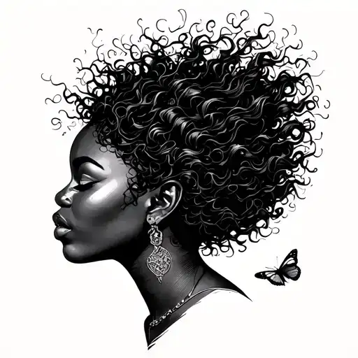 black women with scrambled coming out of her hair and a small butterfly landing on the scrambles  tattoo design idea