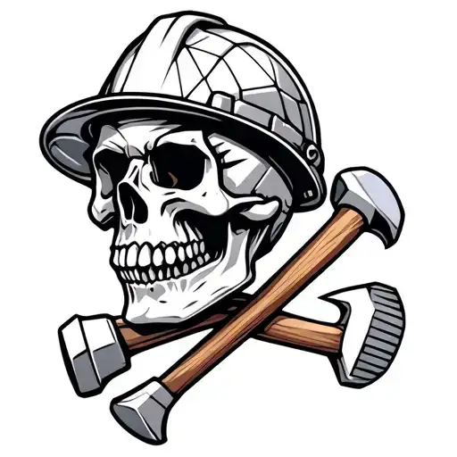 skull wearing miners hard hat with crossed hammers below the skull tattoo design idea
