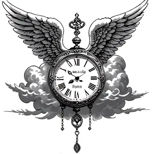 Angel wing, old clock, cloud, site of God, rosary for a birth first name Paloma tattoo design idea