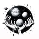 Galaxy themed solar system with reaching hands reaching tattoo design idea