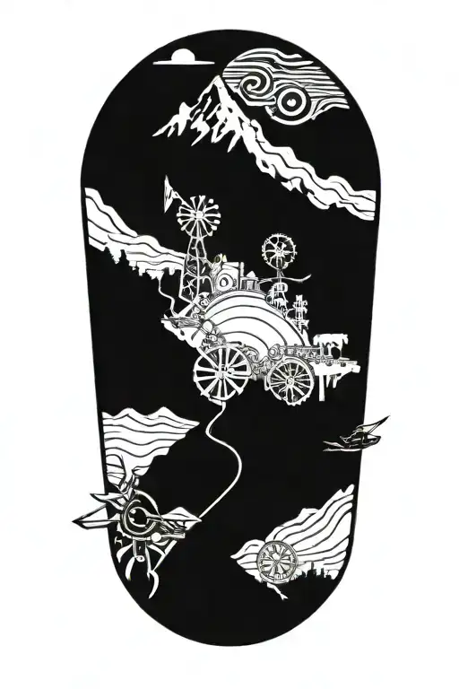 Intricate gears and tools forming a mountain scene tattoo design idea