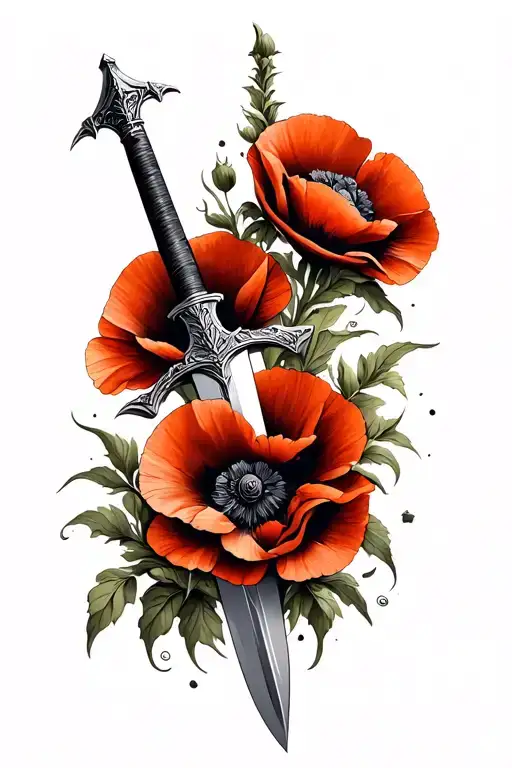 crusader sword and poppy blooming tattoo design idea
