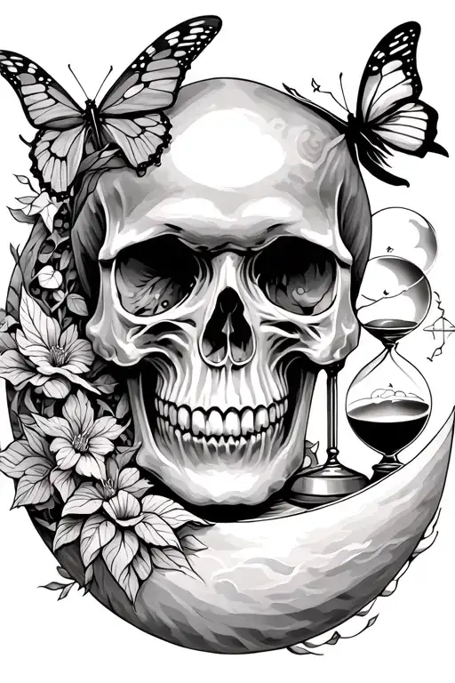 tattoo design incorporating a skull, butterfly, hourglass, and moon phases tattoo design idea