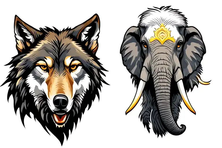 Wolf and eagle and elephant head tattoo design idea