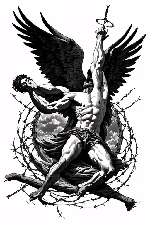 Icarus tattoo of him falling with barb wire going around the whole tatto tattoo design idea