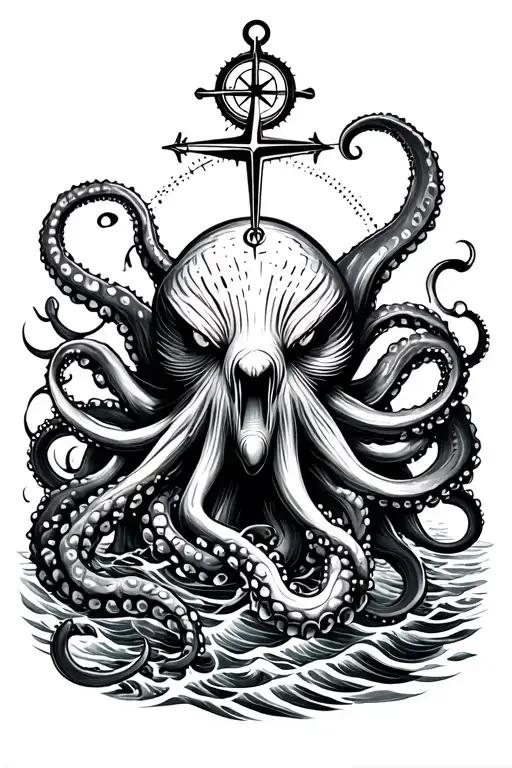 angry kracken octopus in ocean with nautical compass in middle with tentacles out wide with waves tattoo design idea
