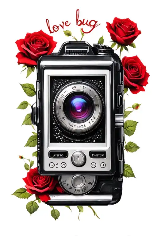 I want it to be a camera and looking through the screen is a field of red roses. I want the words " love bug" somewhere tattoo design idea