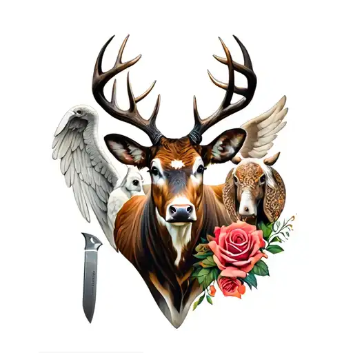 Sleeve tattoo: a rose deer buck, an angel, a butcher knife, an art palette, a cow, a rabbit, an elephant, and an owl. tattoo design idea
