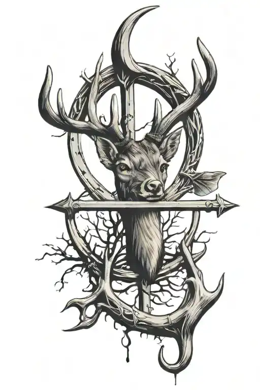 fishing hook, cross, hunting trap, and deer antlers  tattoo design idea