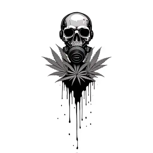 composition,robot skull with gas mask,marijuana leaves in the background,dripping blood tattoo design idea