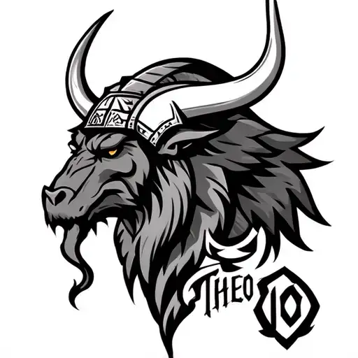 Minnesota Viking's symbol surrounded by a mythical creature by the Vikings and the name Theo wrapped underneath tattoo design idea