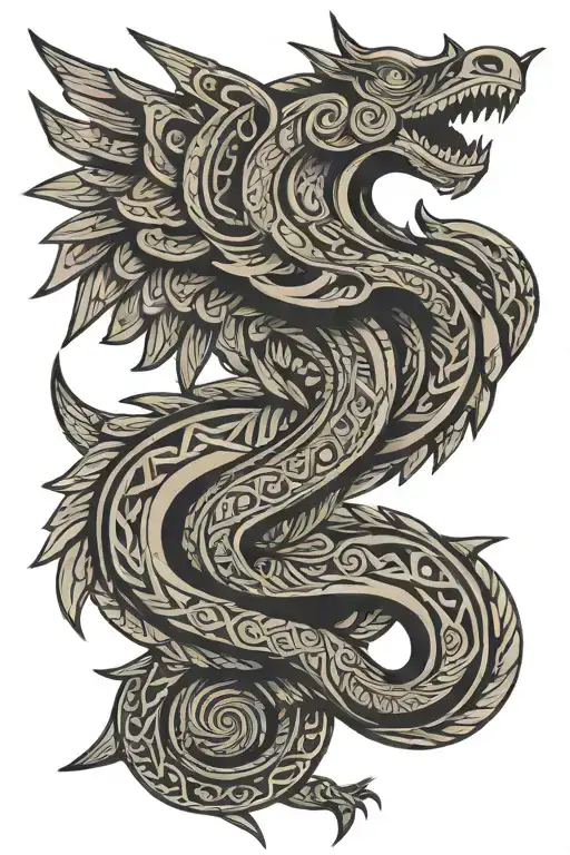 Quetzalcoatl flying straight upwards extended body, aztek style tattoo design idea