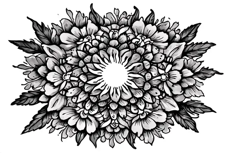 mandala incorporating sun shining and flowers tattoo design idea