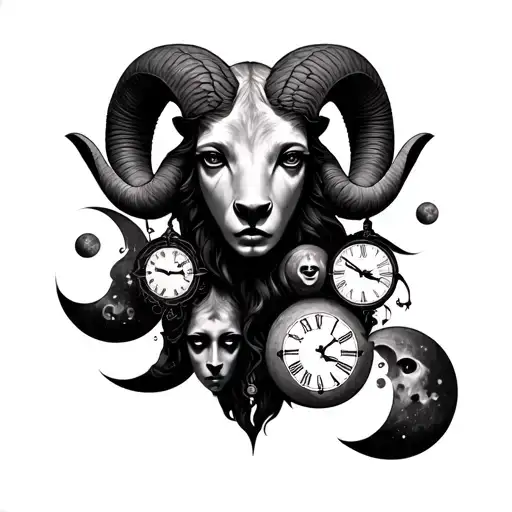 Draw an Aries tattoo on forearm with 8 moons and many faces with clocks tattoo design idea