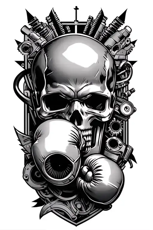 detailed and visually rich tattoo concept based on your themes: mechanics, boxing, computers, gaming, photography tattoo design idea