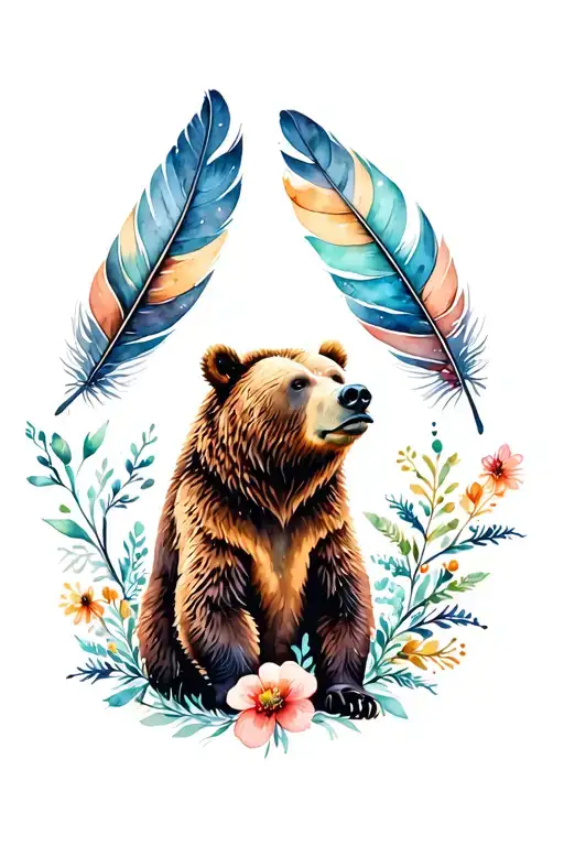grizzly bear with feathers and flowers intertwined tattoo design idea