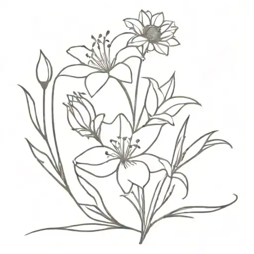 flower bouquet with 2 lillies, 1 dandelion, 1 aster, 1 holly tattoo design idea